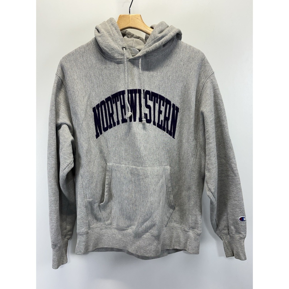 Vtg Y2K Champion Reverse Weave Hoodie Adult L Grey Northwestern Raised Letters